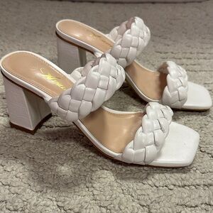 Elegant White Braided Heels Sandals Size 6
